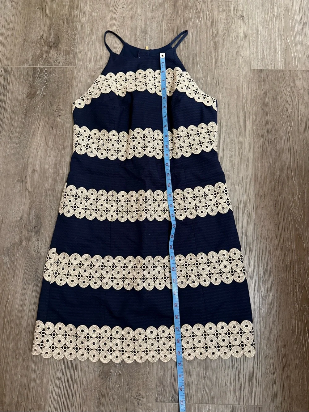 Lilly Pulitzer Navy and Cream Striped Crochet-Trim Halter Mini Dress
